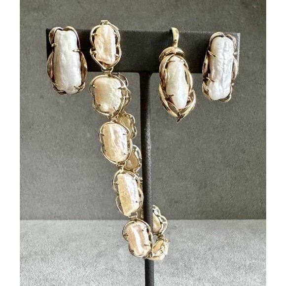 Vintage BAROQUE PEARL SET - Earrings Pendant Bracelet in 14K GOLD Luminous Keshi - Picture 2 of 11